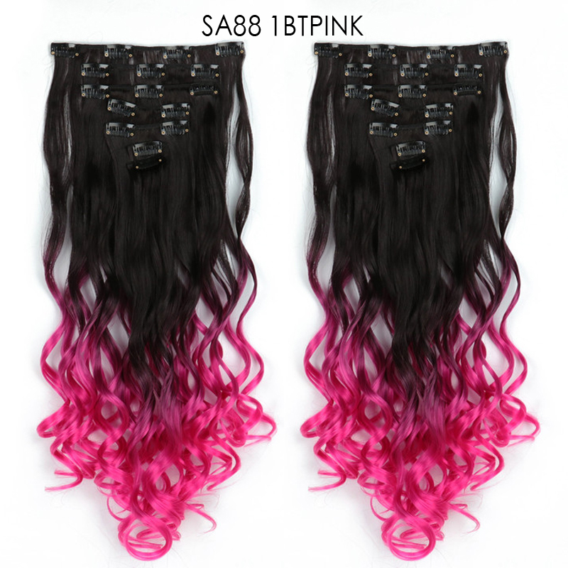 22 inch Ombre Wave  Clip in Hair Synthetic Extension Hairstyle 16 Clips 7Pcs/Set Synthetic  Hairpieces For Woman
