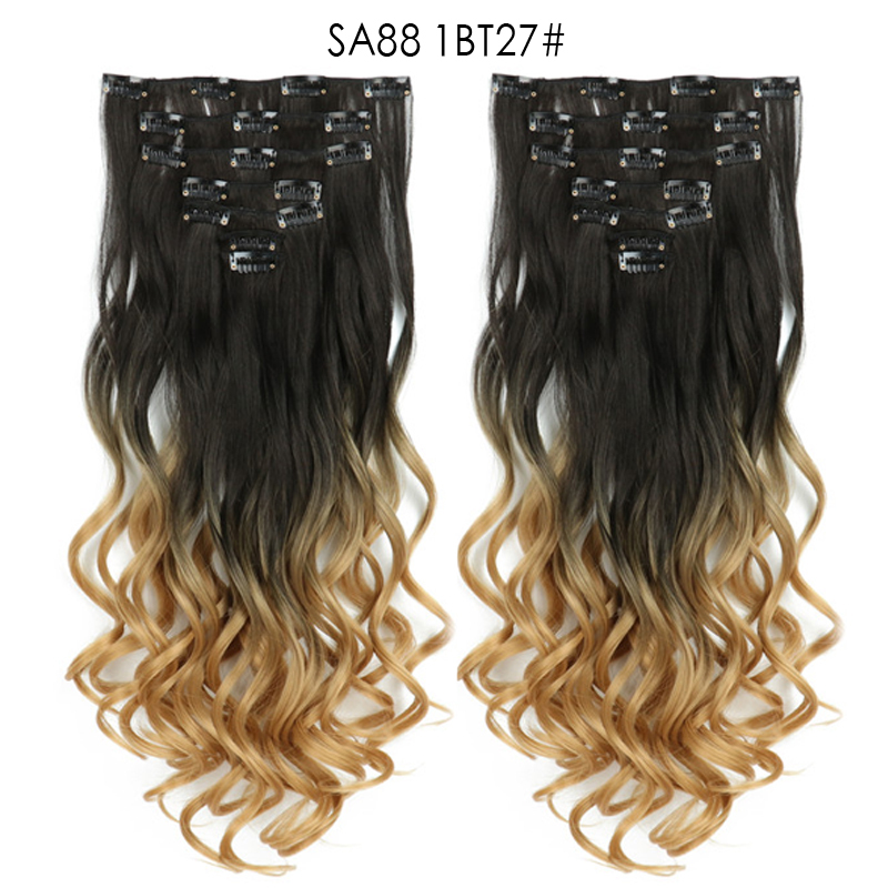 22 inch Ombre Wave  Clip in Hair Synthetic Extension Hairstyle 16 Clips 7Pcs/Set Synthetic  Hairpieces For Woman