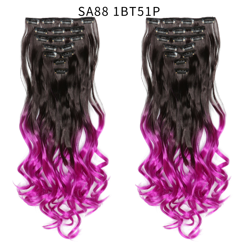 22 inch Ombre Wave  Clip in Hair Synthetic Extension Hairstyle 16 Clips 7Pcs/Set Synthetic  Hairpieces For Woman
