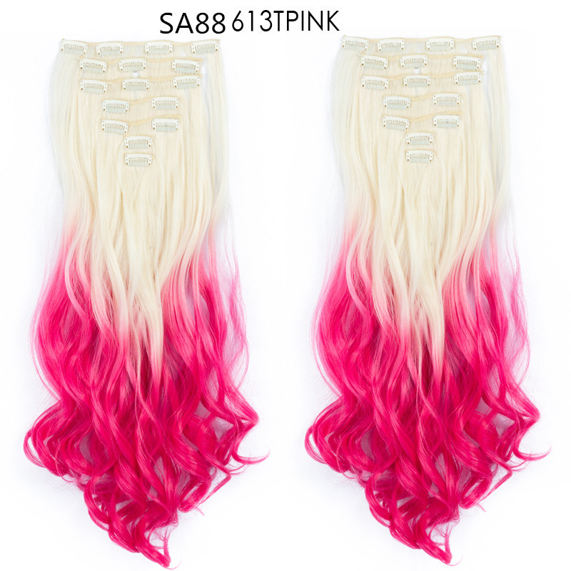 22 inch Ombre Wave  Clip in Hair Synthetic Extension Hairstyle 16 Clips 7Pcs/Set Synthetic  Hairpieces For Woman
