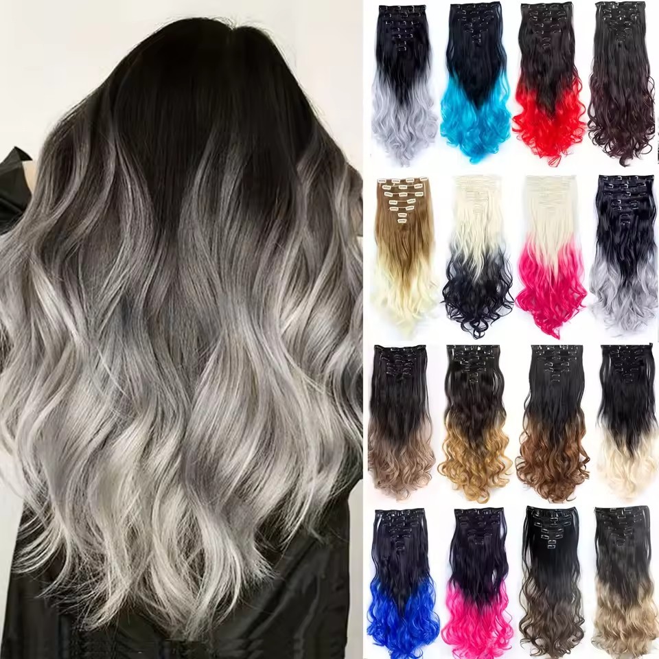 22 inch Ombre Wave  Clip in Hair Synthetic Extension Hairstyle 16 Clips 7Pcs/Set Synthetic  Hairpieces For Woman