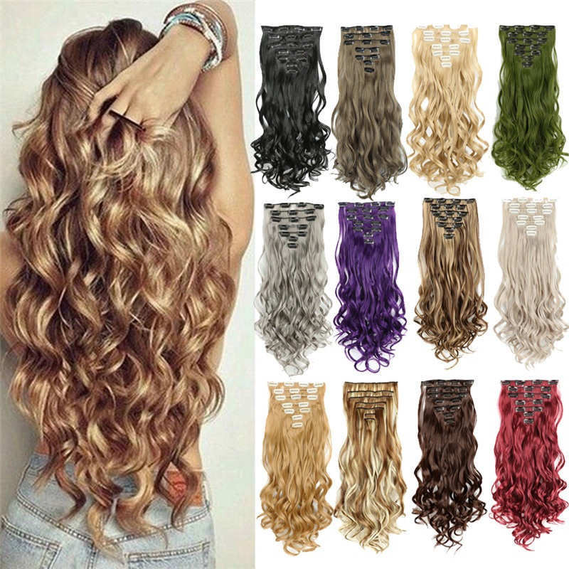 7 pcs 22 inch Long Wave  Clip in Synthetic  Hair Extension  Full Head Set Synthetic Hairpieces Heat Resistant Fiber Hairpieces