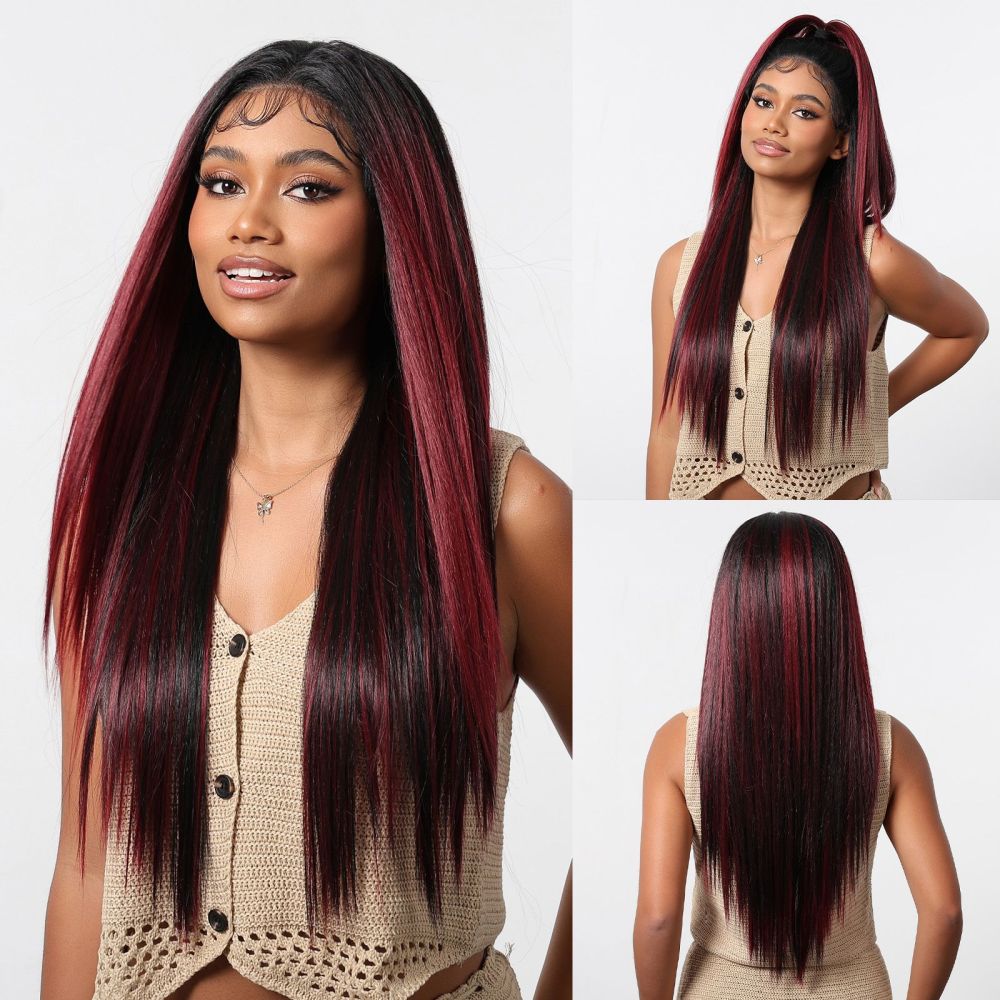 Burgundy 13*6 Lace Hair Synthetic Wigs for Women Wine Red Long Wavy Lace Wig Natural Hairline Free Part