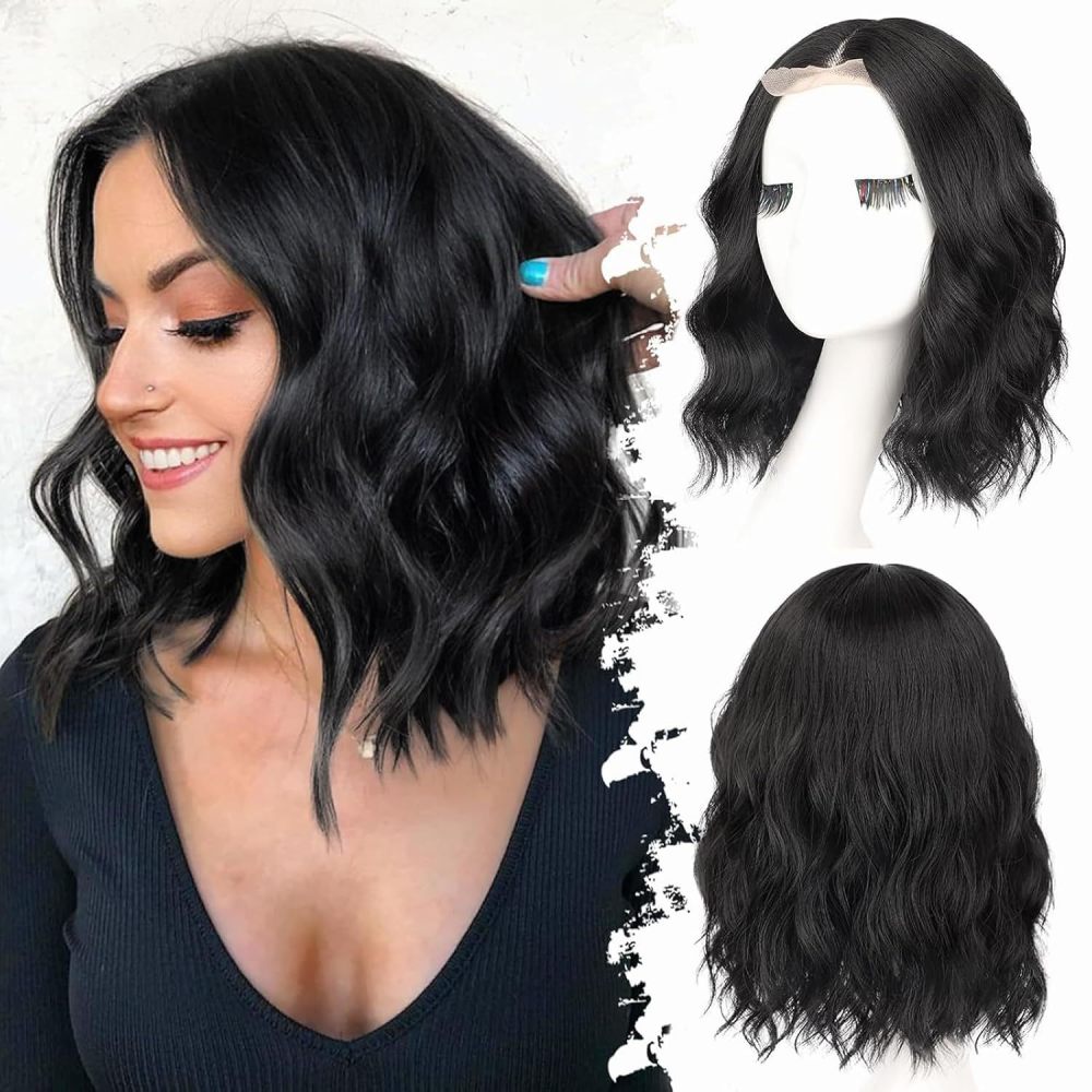 14 inch Short Natural Wave Bob Wig  Curly  Heat Resistant Fiber Wigs for Women Daily Use Ombre Synthetic Wavy Cosplay Wig