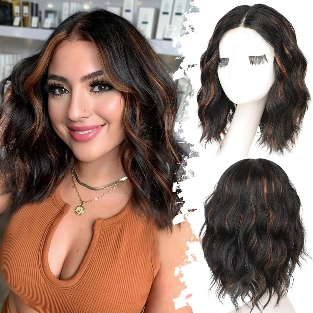 14 inch Short Natural Wave Bob Wig  Curly  Heat Resistant Fiber Wigs for Women Daily Use Ombre Synthetic Wavy Cosplay Wig