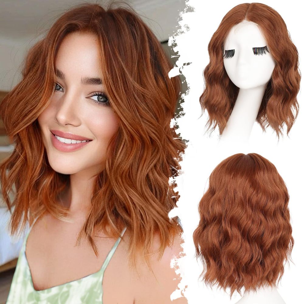 14 inch Short Natural Wave Bob Wig  Curly  Heat Resistant Fiber Wigs for Women Daily Use Ombre Synthetic Wavy Cosplay Wig
