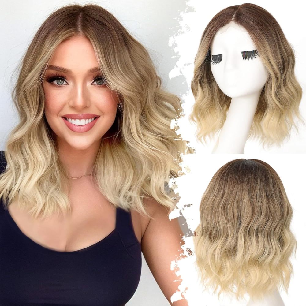 14 inch Short Natural Wave Bob Wig  Curly  Heat Resistant Fiber Wigs for Women Daily Use Ombre Synthetic Wavy Cosplay Wig