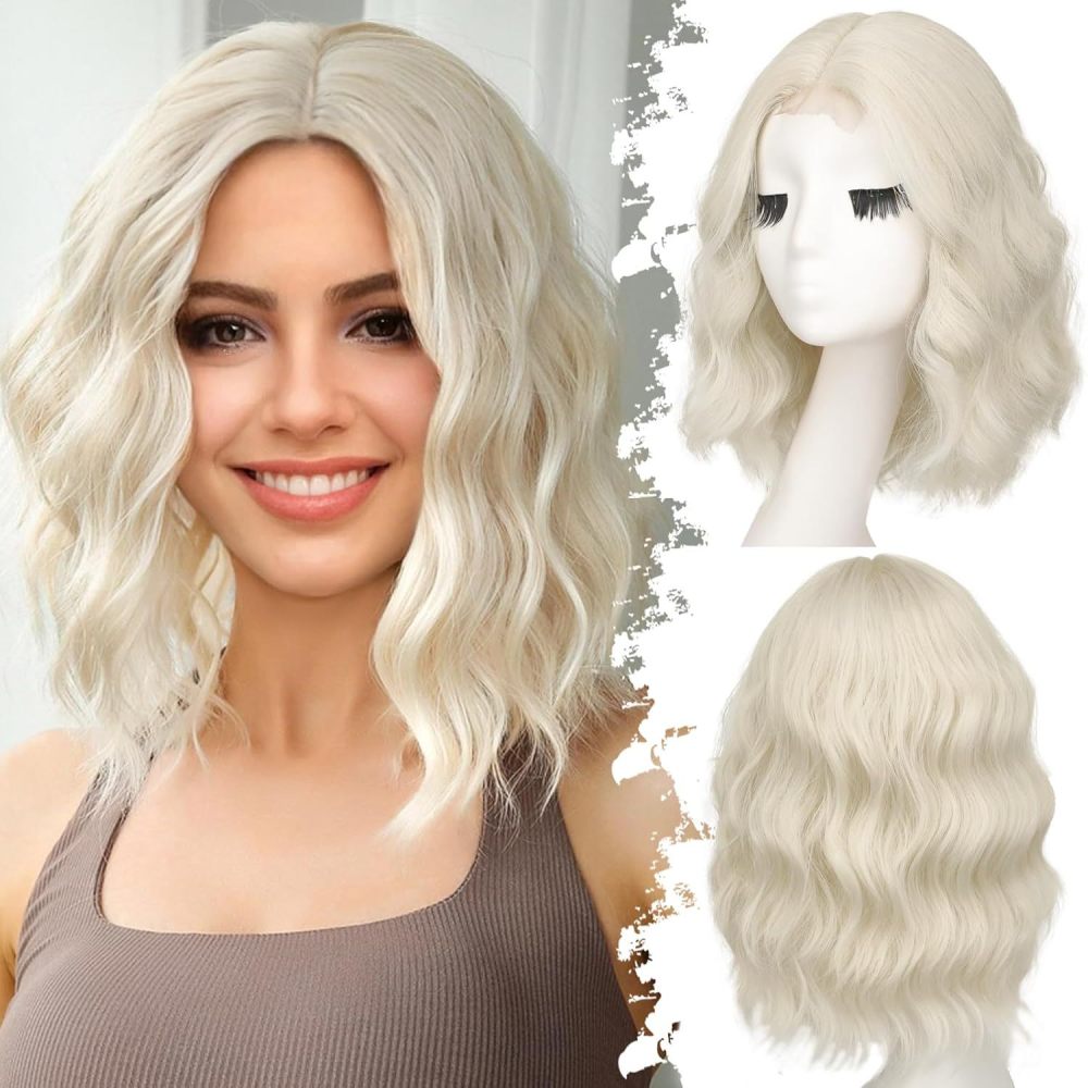 14 inch Short Natural Wave Bob Wig  Curly  Heat Resistant Fiber Wigs for Women Daily Use Ombre Synthetic Wavy Cosplay Wig
