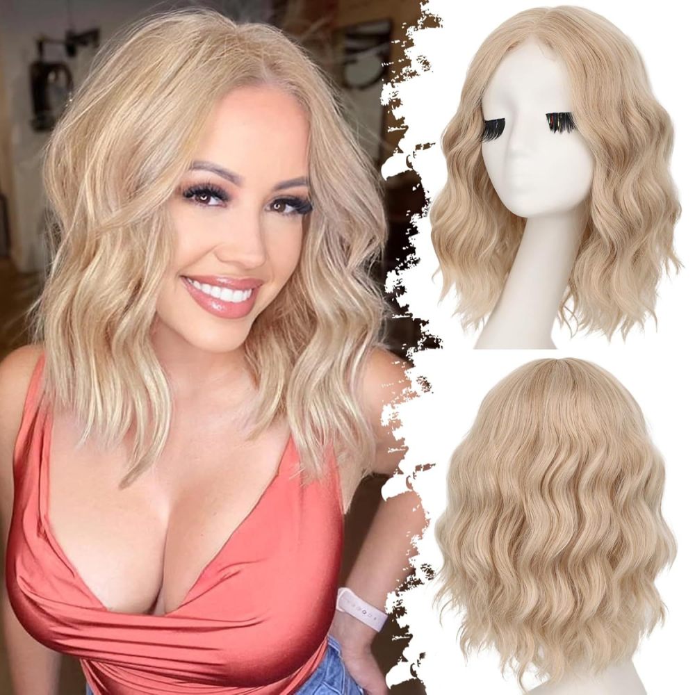 14 inch Short Natural Wave Bob Wig  Curly  Heat Resistant Fiber Wigs for Women Daily Use Ombre Synthetic Wavy Cosplay Wig