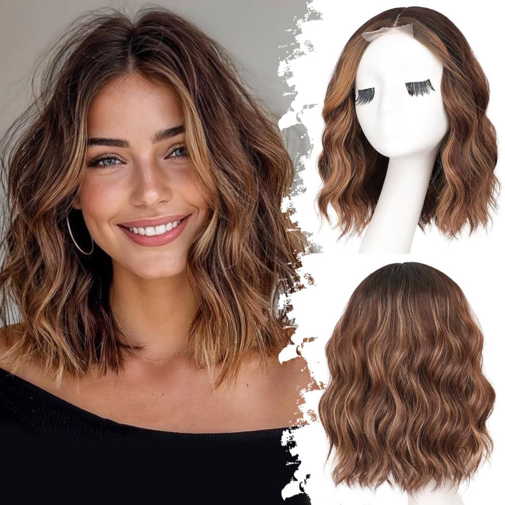 14 inch Short Natural Wave Bob Wig  Curly  Heat Resistant Fiber Wigs for Women Daily Use Ombre Synthetic Wavy Cosplay Wig