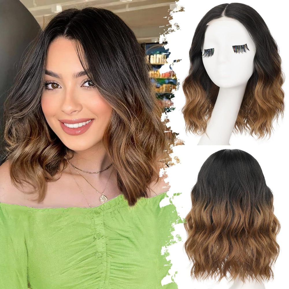 14 inch Short Natural Wave Bob Wig  Curly  Heat Resistant Fiber Wigs for Women Daily Use Ombre Synthetic Wavy Cosplay Wig