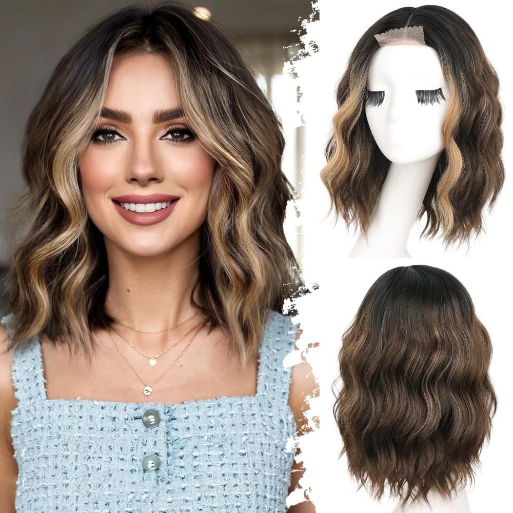 14 inch Short Natural Wave Bob Wig  Curly  Heat Resistant Fiber Wigs for Women Daily Use Ombre Synthetic Wavy Cosplay Wig