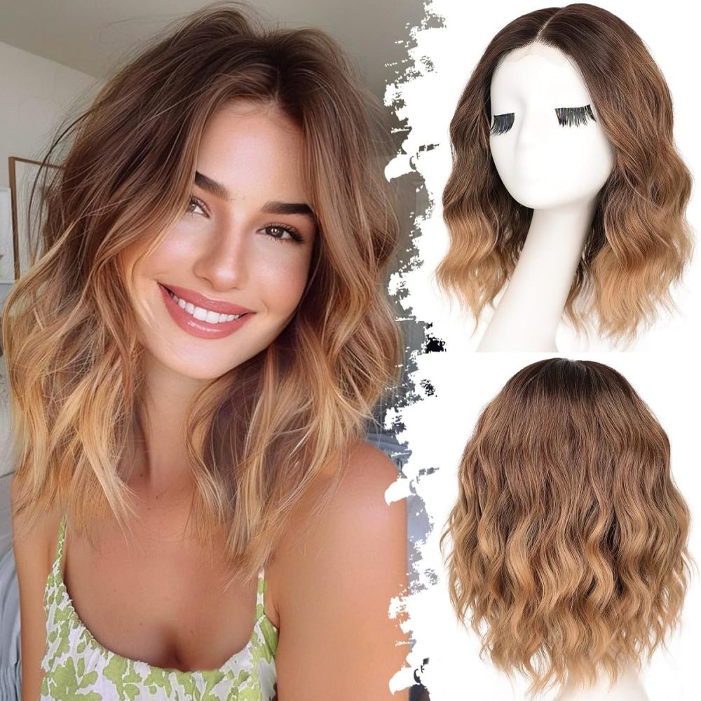 14 inch Short Natural Wave Bob Wig  Curly  Heat Resistant Fiber Wigs for Women Daily Use Ombre Synthetic Wavy Cosplay Wig