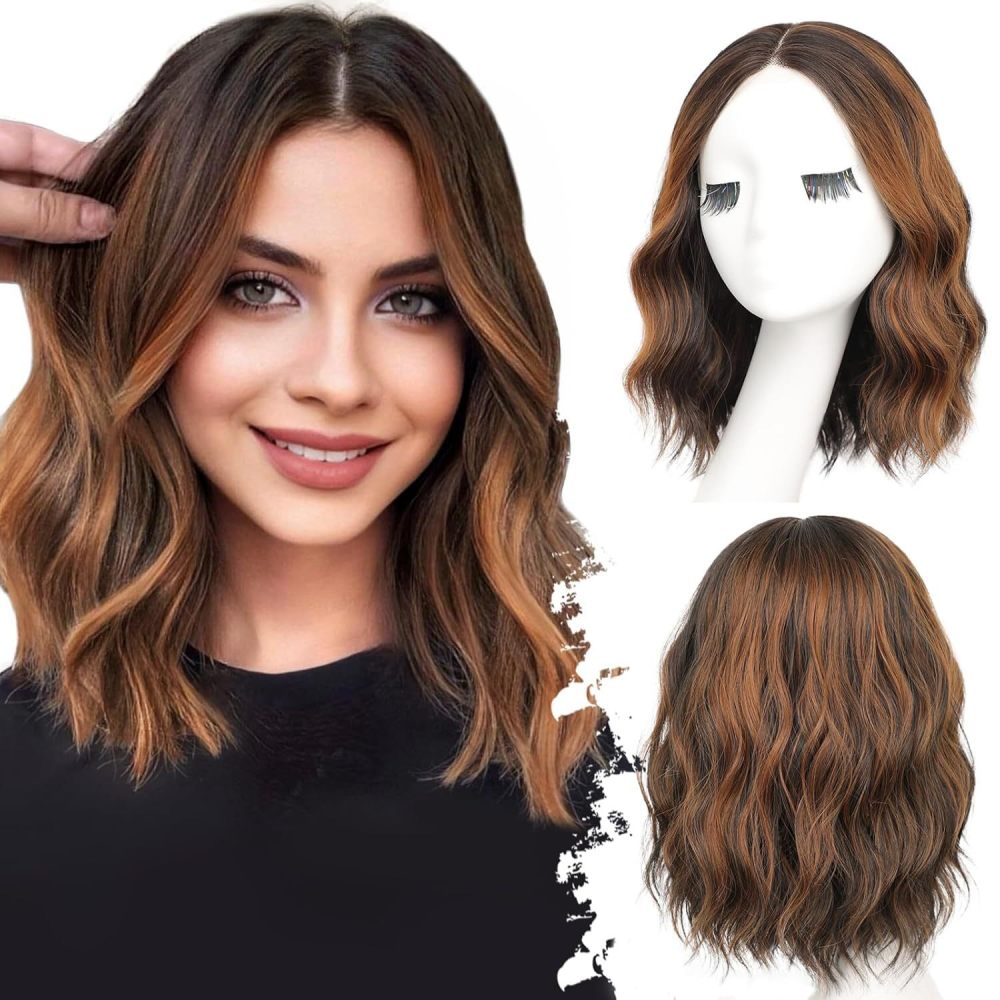 14 inch Short Natural Wave Bob Wig  Curly  Heat Resistant Fiber Wigs for Women Daily Use Ombre Synthetic Wavy Cosplay Wig