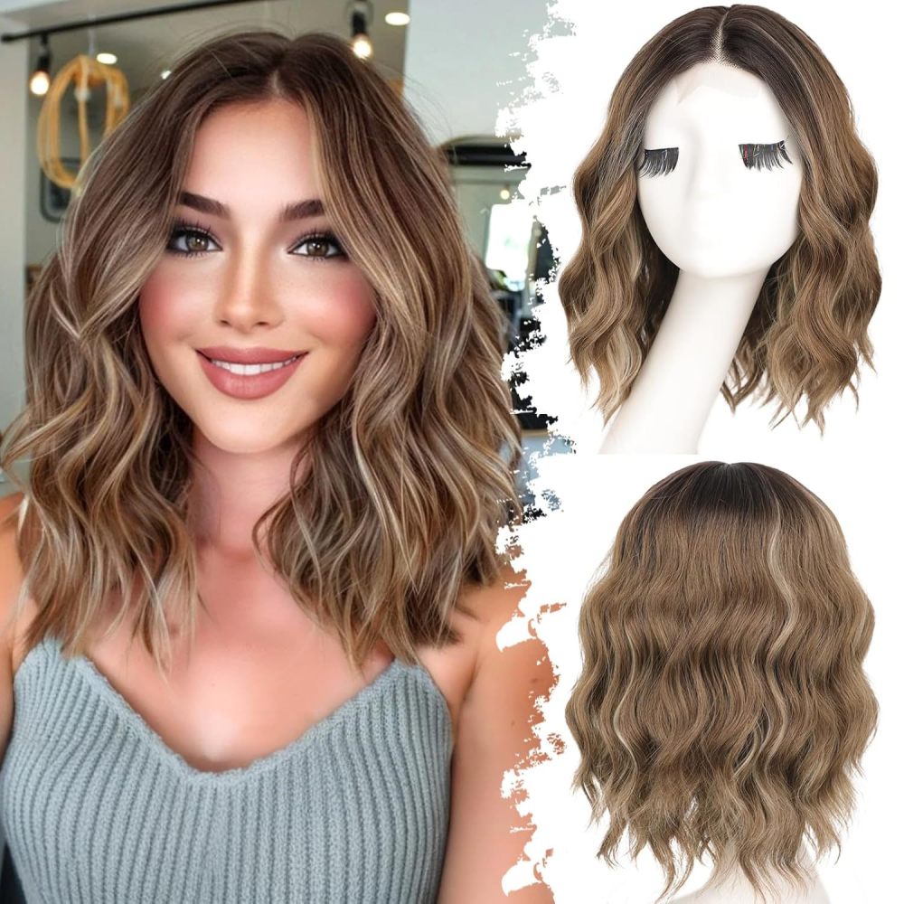 14 inch Short Natural Wave Bob Wig  Curly  Heat Resistant Fiber Wigs for Women Daily Use Ombre Synthetic Wavy Cosplay Wig