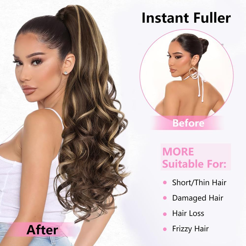 24 Inch 150g Long Wave Synthetic Ponytail Hair  Claw Clip in Ponytail Extension for Women Everyday Use