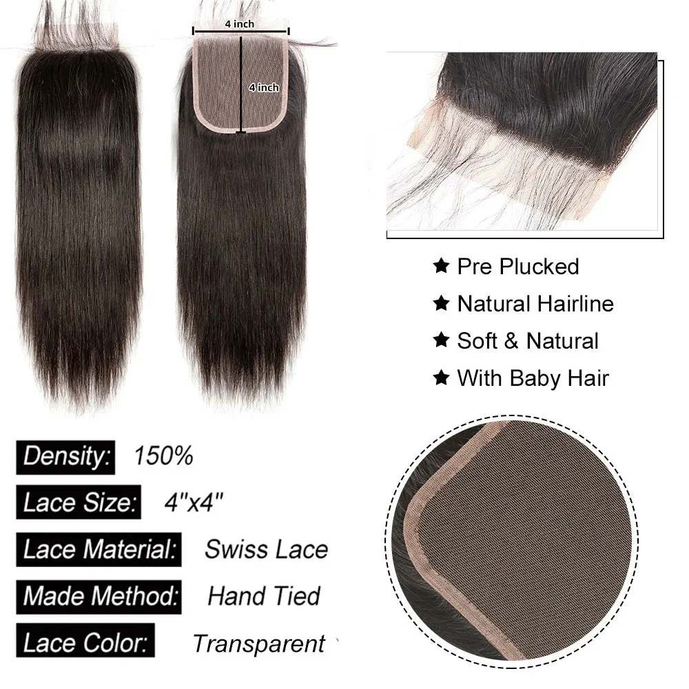 4x4 Natural Color  Human Hair Lace Closure  Remy Human Hair Transparet  Lace Closure