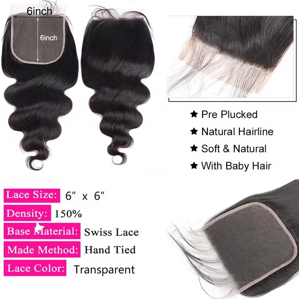 6x6 Straight Lace Closure  Brazilian Human Hair Swiss Transparent Lace Frontal  Pre Plucked Hairline Free Part Natural Black
