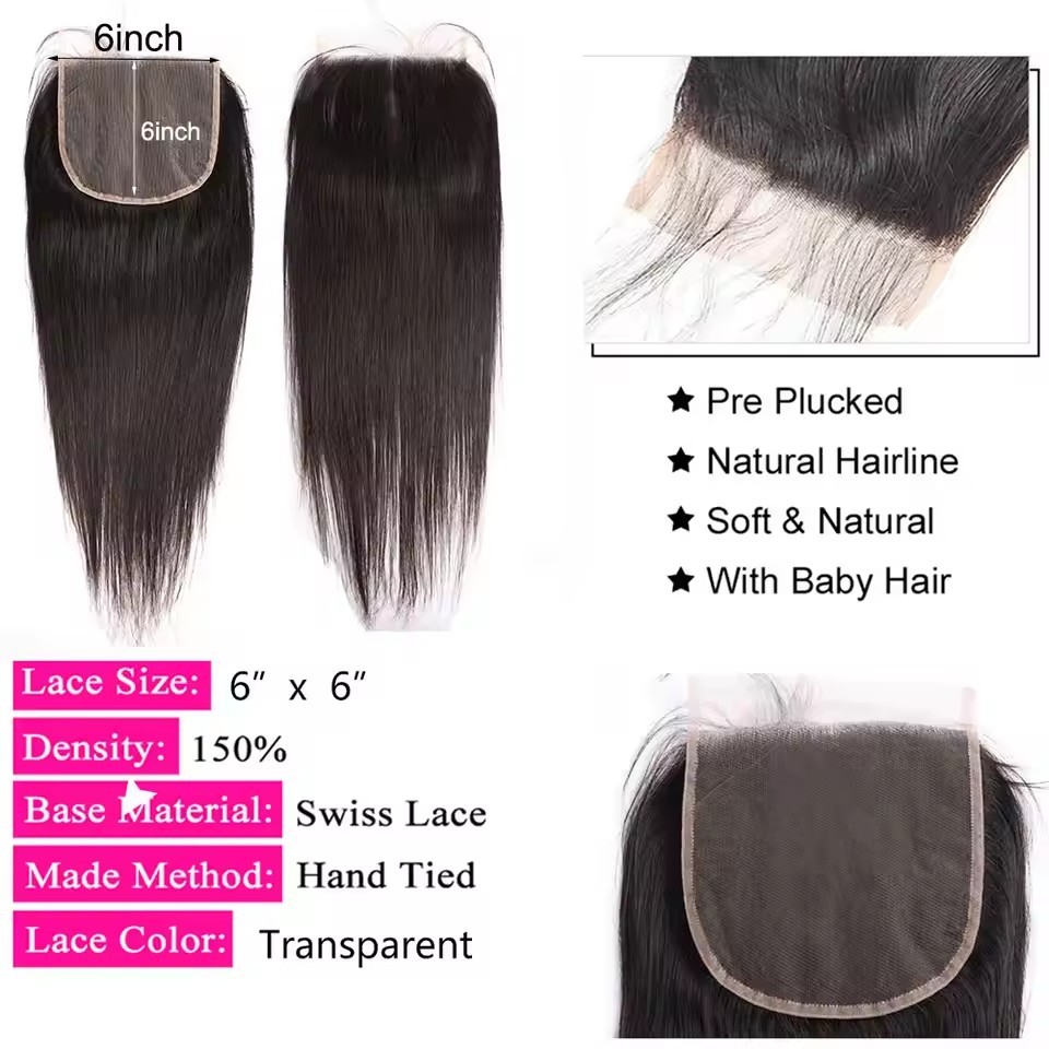 6x6 Straight Lace Closure  Brazilian Human Hair Swiss Transparent Lace Frontal  Pre Plucked Hairline Free Part Natural Black