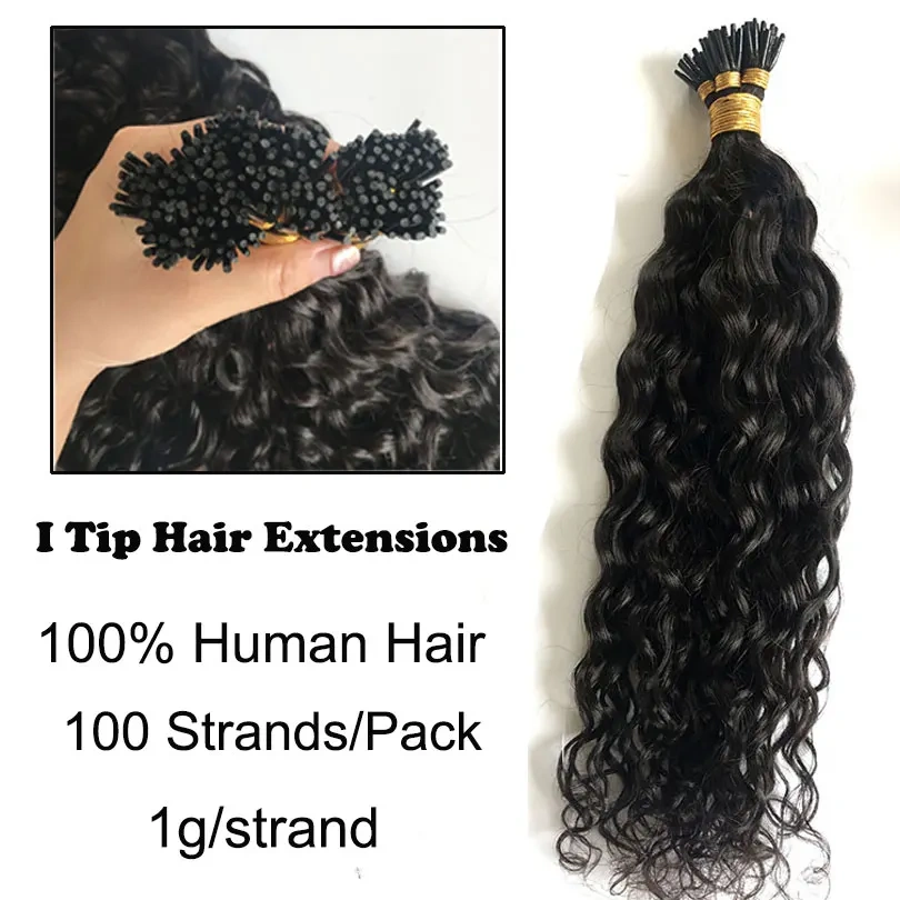 Natural Black Deep Wave I Tip Hair Extensions  100g Curly Keratin Capsule Hair Natural Fusion Hair Extensions