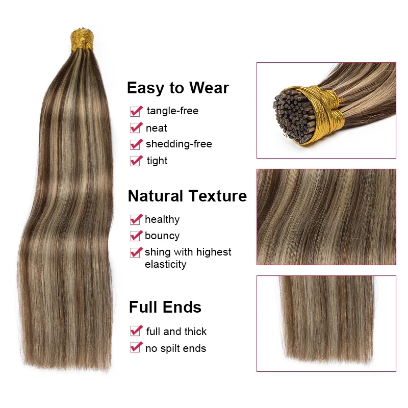 9A 100g  Piano  #P4/27  Pre Bonded Keratin I Tip  Hair Extensions   Mixed  Brown Blonde  Raw Virgin Keratin Russian Remy I Tip Human Hair Extensions
