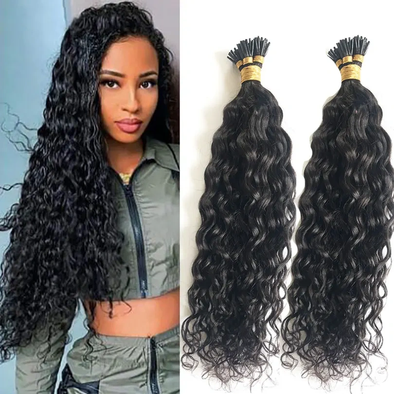 11A Natural Black #1B Stick I Tip  Hair Extensions Water Wave  Keratin Tip  Raw Virgin  Human Hair Extensions 100g/pack