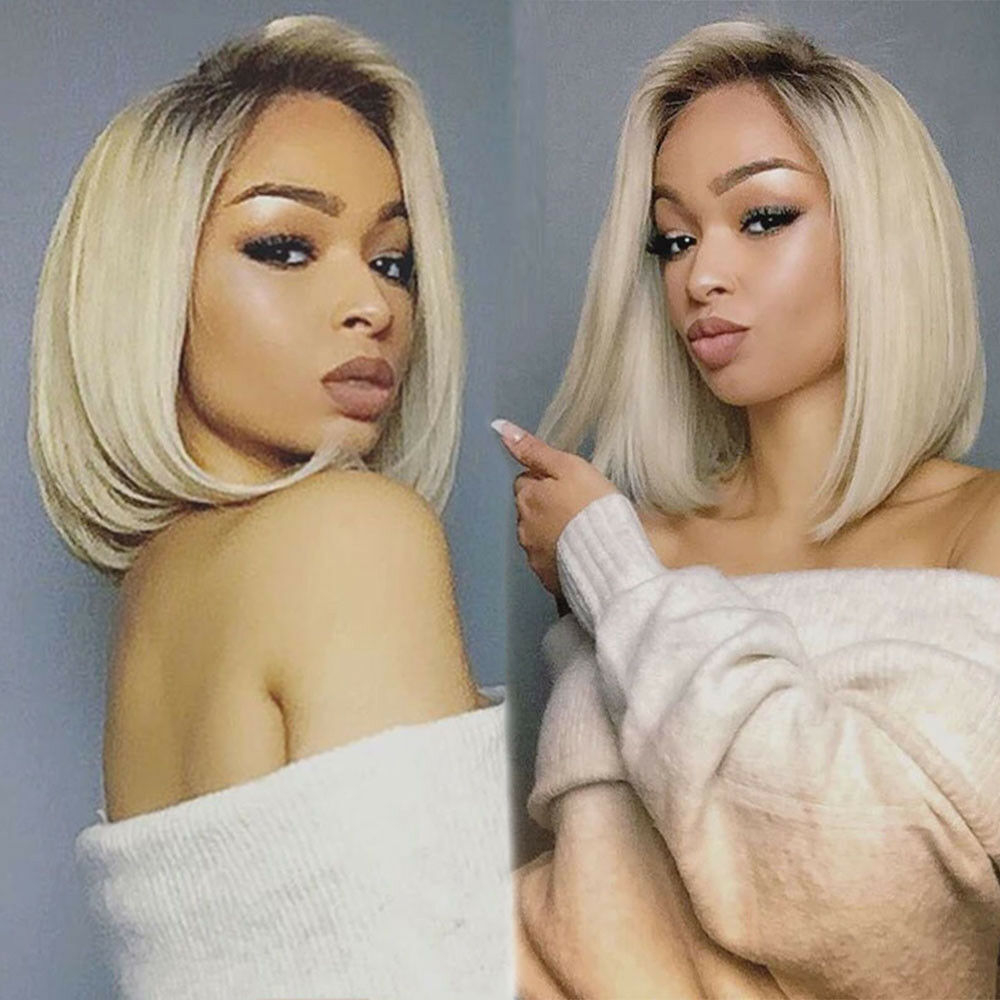 Ombre Blonde Synthetic Lace Wigs Straight Short Bob  Middle Part Lace Synthetic Lace Wigs For Black Women Cosplay Wigs