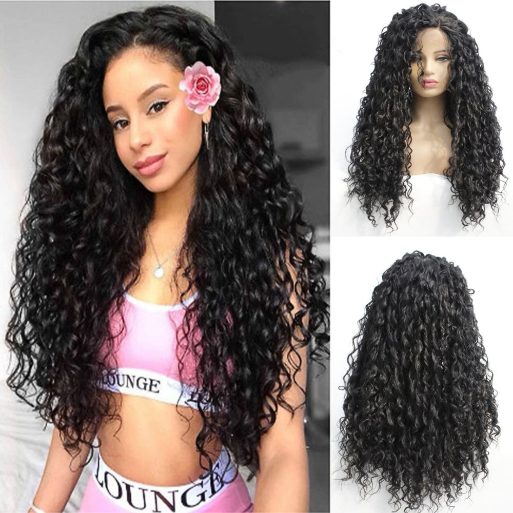 Long 18 -26 inch  Kinky Curly Lace Front  Synthetic Wigs 13x4 Heat Resistant Lace Wig With Baby Hair  For Black Women