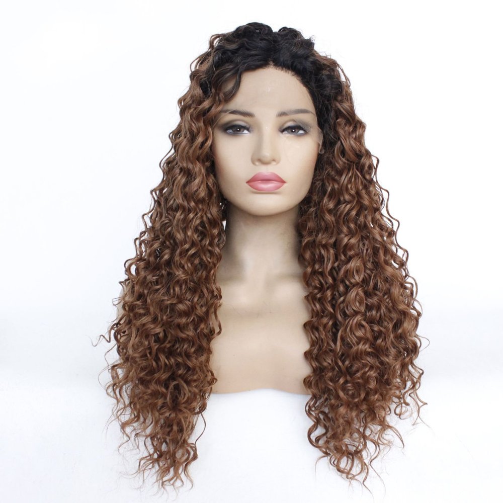 Long 18 -26 inch Ombre Brown Kinky Curly Lace Front Wigs 13x4 Synthetic Lae Wig With Baby Hair  For Black Women