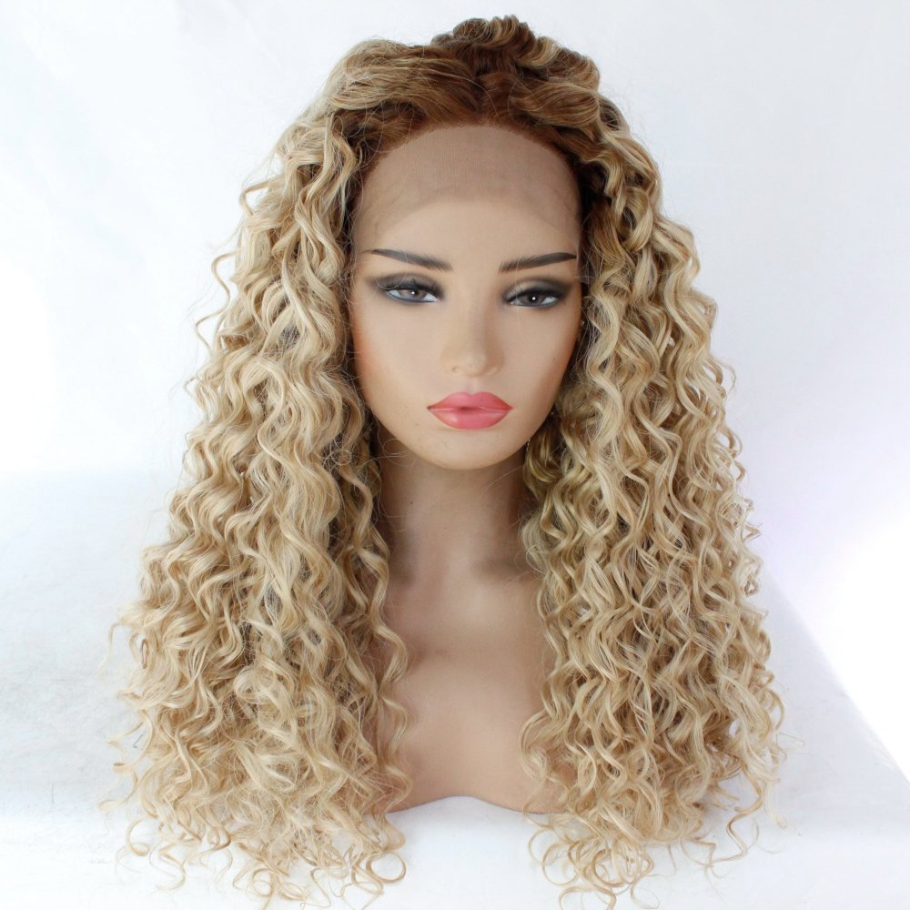Long 18 -26 inch Ombre Brown Kinky Curly Lace Front Wigs 13x4 Synthetic Lae Wig With Baby Hair  For Black Women