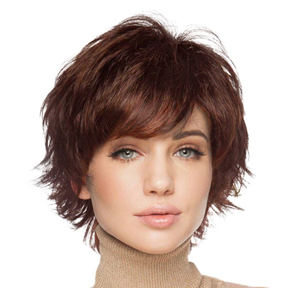 2025 Natural Short Pixie Cut Wig with Bangs Synthetic Mullet Head Wig for Women Dark Brown Straight Hair Daily Cosplay Use