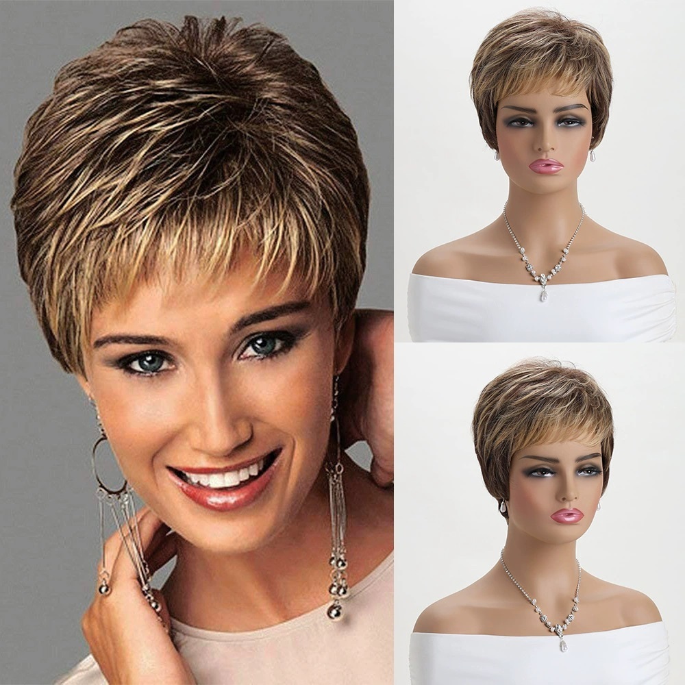 Brown Short Wigs  for White Women Layered Pixie Cut with Blonde Highlights Natural Looking Synthetic Wigs