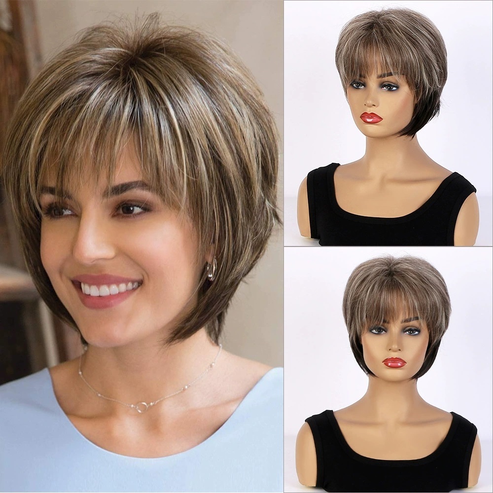 Brown Short Wigs  for White Women Layered Pixie Cut with Blonde Highlights Natural Looking Synthetic Wigs