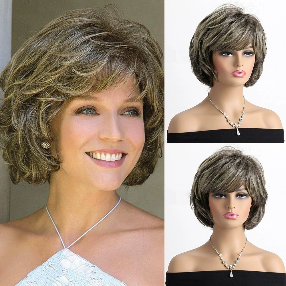 Brown Short Wigs  for White Women Layered Pixie Cut with Blonde Highlights Natural Looking Synthetic Wigs