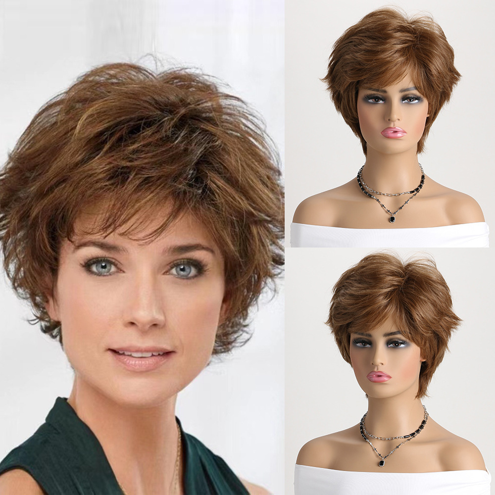 Brown Short Wigs  for White Women Layered Pixie Cut with Blonde Highlights Natural Looking Synthetic Wigs
