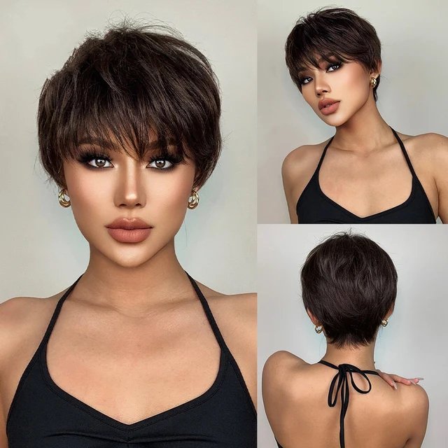 Short Pixie Cut Synthetic Wigs with Bangs Natural Brown Layered Wig for Women Straight Ladies Hair Daily Heat Resistant