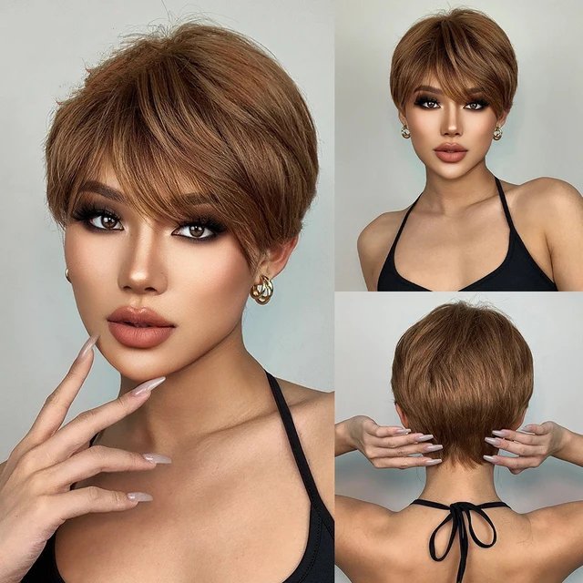 Short Pixie Cut Synthetic Wigs with Bangs Natural Brown Layered Wig for Women Straight Ladies Hair Daily Heat Resistant