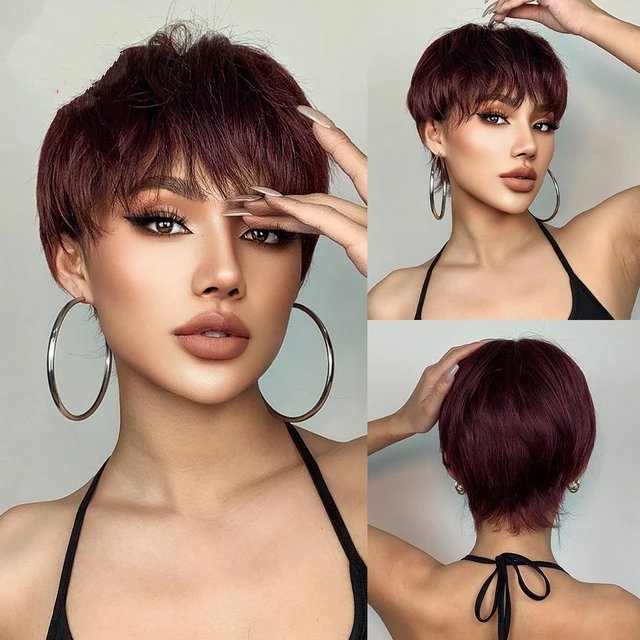 Short Pixie Cut Synthetic Wigs with Bangs Natural Brown Layered Wig for Women Straight Ladies Hair Daily Heat Resistant