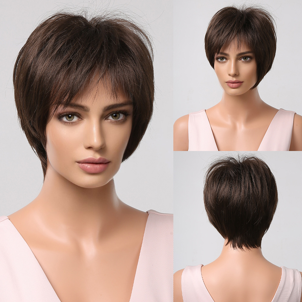 Pixie Cut Wigs for Women Natural Synthetic Short Black Layered Hair Wig with Fluffy Bangs Daily Wigs