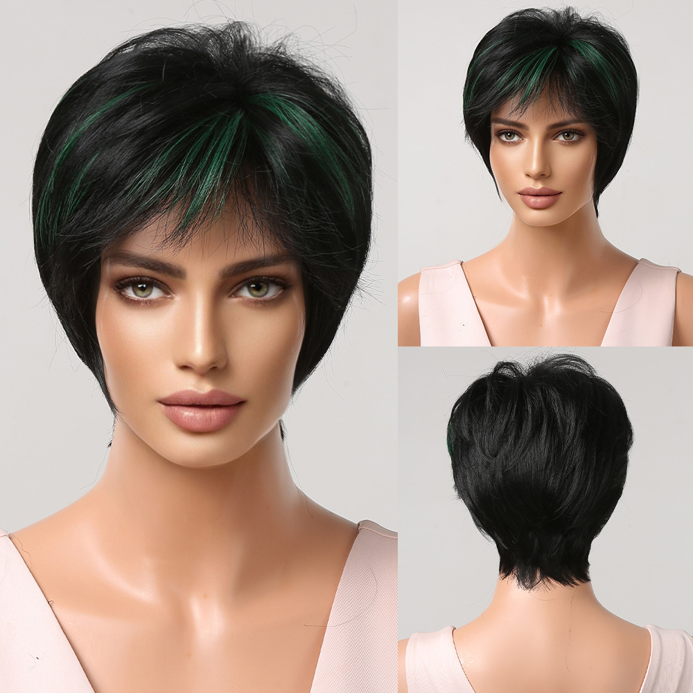 Pixie Cut Wigs for Women Natural Synthetic Short Black Layered Hair Wig with Fluffy Bangs Daily Wigs