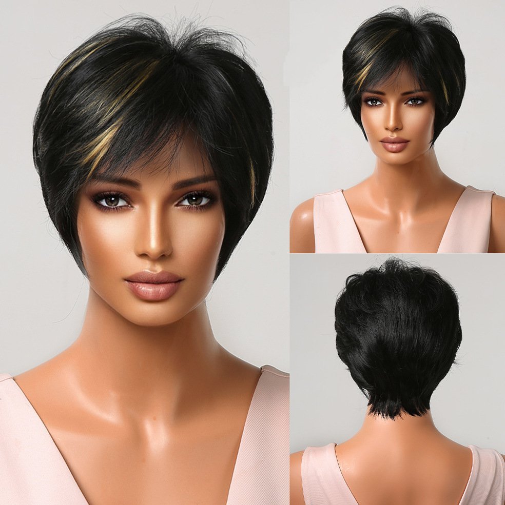Pixie Cut Wigs for Women Natural Synthetic Short Black Layered Hair Wig with Fluffy Bangs Daily Wigs