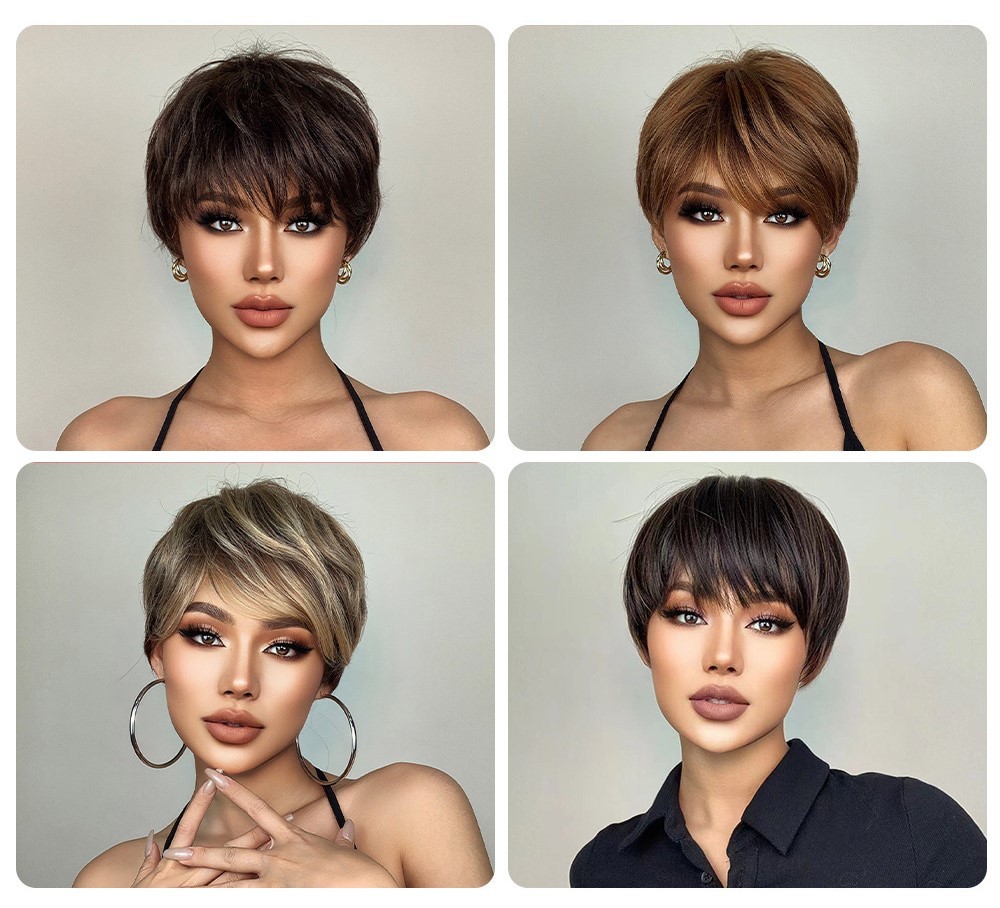 Short Pixie Cut Synthetic Wigs with Bangs Natural Brown Layered Wig for Women Straight Ladies Hair Daily Heat Resistant