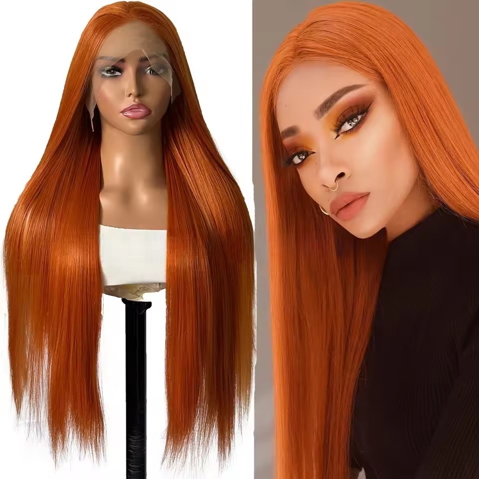 13x4 Long Straight  Lace Front  Synthetic Wigs Ginger Orange Lace Frontal Wigs Glueless Heat-resistant Fibre Wig