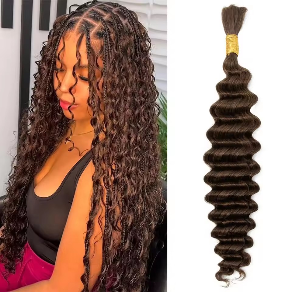 Brown  Human Braiding Hair Deep Wave Bulk Human Hair 100g No Weft Human Hair Bundles Micro Human Braiding Hair for Boho Braids
