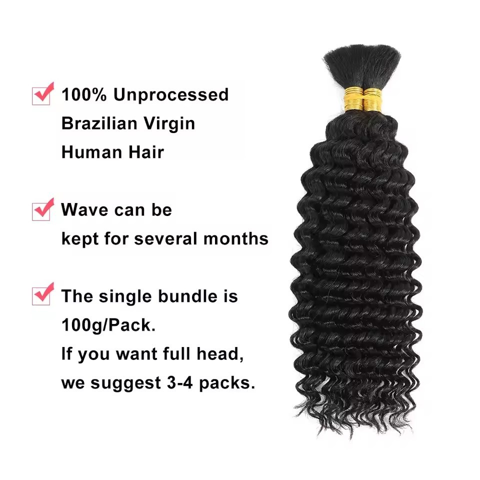 10A Natural Deep wave Hair Bulk for Braiding Brazilian Virgin No Weft Brazilian Remy Hair Extensions 100g/Pcs/Pack