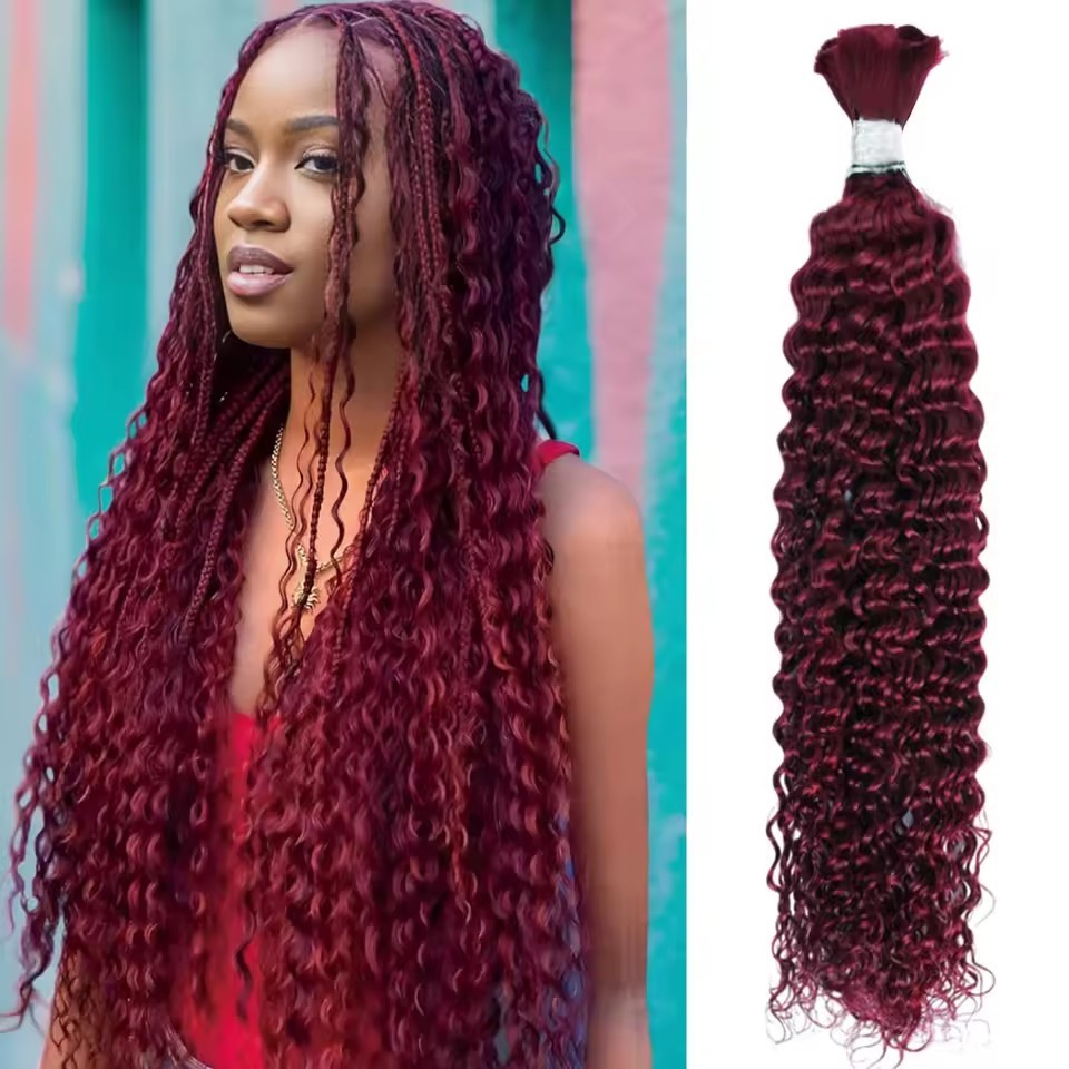 9A Wine Red #99j Human Hair Bulk for Braiding 16-24 inch Dark Wine Deep Wave Jerry Curly Boho Braids Hair Bulk Extension Bobbi Hair