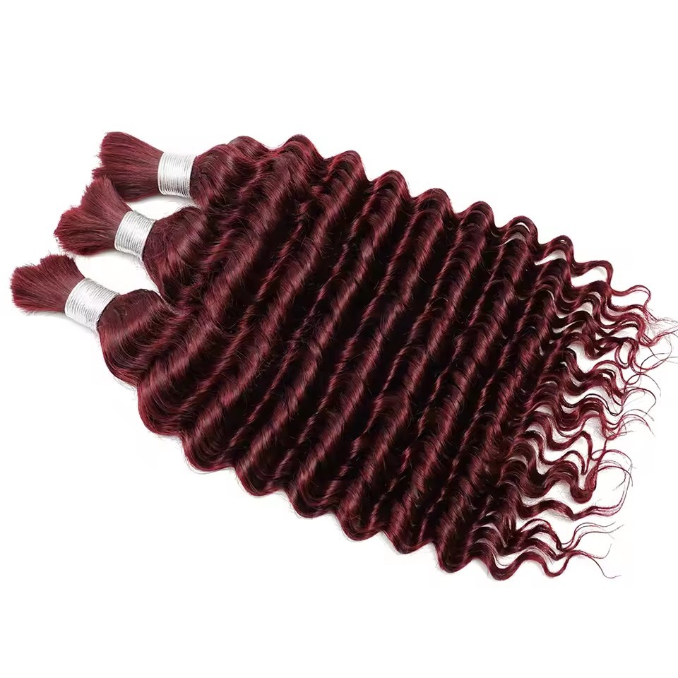9A Wine Red #99j Human Hair Bulk for Braiding 16-24 inch Dark Wine Deep Wave Jerry Curly Boho Braids Hair Bulk Extension Bobbi Hair