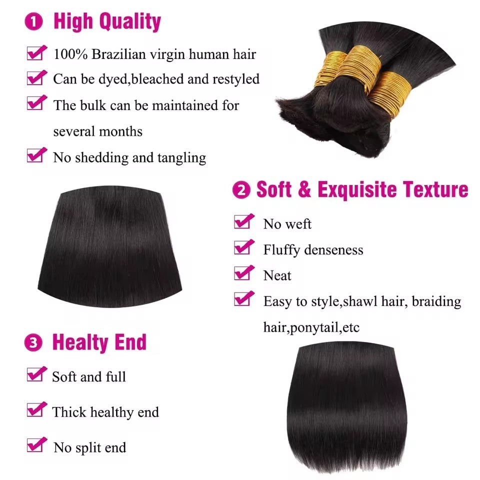 Natural Bulk Straight for Braiding Straight Brazilian Virgin No Weft Brazilian Remy Hair Extensions 1000g/Pcs/Pack