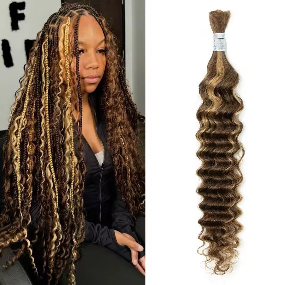 Highlight 4/27 Bulk Human Hair For Braiding Curly Hair Bundles No Weft Deep Curly Wave Double Drawn Boho Knotless Braids