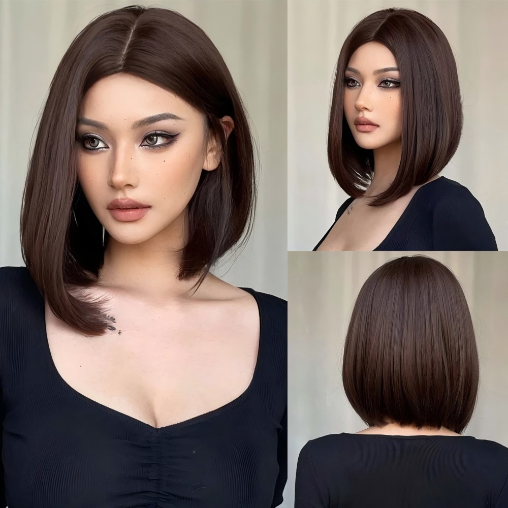 2025 Synthetic Fiber Short Bob Wigs for Women Dark Brown Straight Wig with Bangs Daily Party Hair Heat Resistant